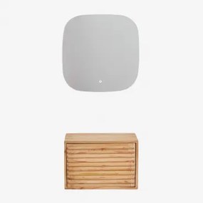 Zestaw Wiszących Mebli Łazienkowych Z Drewna Deleyna Naturalna & Without Sink & Kwadratowa Lampa Led I Przeciwmgielna 75x75 Cm Riben & Bez Kranu -
