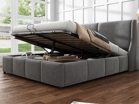 Łóżko ze schowkiem i zagłówkiem - 140 x 200 cm - aksamit - stelaż z listew - styl nowoczesny - szary