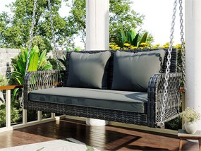 Fotel wiszący z plecionki syntetycznej - Huśtawka ogrodowa - 2 miejsca - z poduszkami - Szary