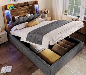 Tapicerowane łóżko z pojemnikiem 90x200 cm - z ładowaniem USB Type-C - oświetlenie LED - len - szary (materac nie jest wliczony w cenę)