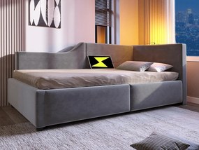Łóżko 90x200cm - Łóżko tapicerowane welurem - z lampką do czytania i portami ładowania - z stelażem na listwy - Szary
