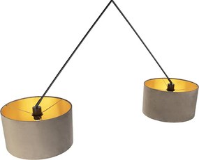 Lampa wisząca czarna z abażurami z weluru w kolorze taupe ze złotem 35 cm 2-światłowa - Blitz