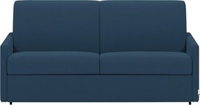 Kanapa 3-osobowa rozkładana typu express z niebieskiej tkaniny z siedziskiem z pianki z pamięcią kształtu - Powierzchnia spania na szerokich listwach 140 cm - Materac 14 cm CALIFE