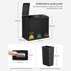 Kosz do segregacji odpadów SORT, 24l (3x8l), czarny SongmicsHome