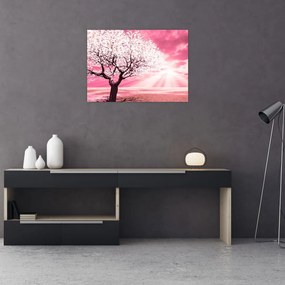 Obraz na szkle - różowy obraz drzewa (70x50 cm)