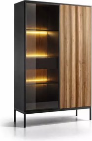 Witryna Shark 104x166 cm LED push to open MDF szkło hartowane stal kaszmir, czarny/dąb wotan