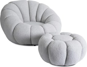 Fotel Wypoczynkowy Obrotowy PETTIT Szary z Pufą w Tkaninie Teddy Boucle