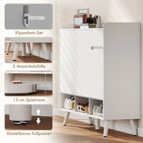 HOMCOM Szafka na buty z bezuchwytowym designem, 4 drzwi, 4 regulowane półki, wolnostojący regał na buty z 5 drewnianymi nogami, drewno, Biały