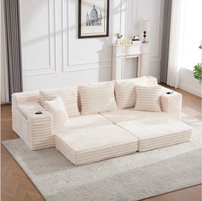 Modułowa sofa 2-osobowa w sztruksie - 107 x 38 x 34 cm - z poduszkami + kieszeniami + uchwytami na kubki - beżowa