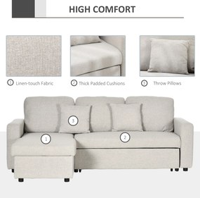 HOMCOM Narożnik z funkcją spania, Zestaw narożny z sofą 2-osobową, Łóżkiem, Narożnikiem L z miejscem do przechowywania, 2 Poduszki Kremowy