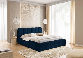 Granatowe łózko tapicerowane tkaniną boucle N8-D24