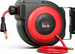 HOMCOM Bęben na wąż z mechanizmem zwijania, 16,5 m długi wąż, montaż ścienny, Czerwony+Czarny