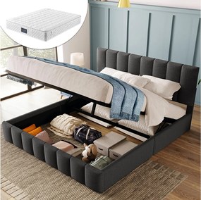 Łóżko tapicerowane dwuosobowe z pojemnikiem na pościel - 140 x 200 cm - z regulowanym zagłówkiem + metalowy stelaż - len - szary (z materacem)