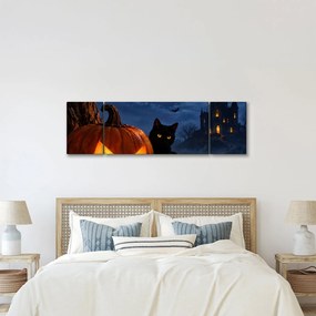 Obraz - Czarny kot przy świecącej dyni na Halloween (170x50 cm)