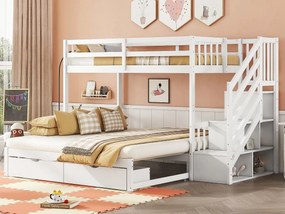 Łóżko piętrowe drewniane - 90x200cm + 90/180x200cm - 2 szuflady i półki - 2 stelaże - Białe