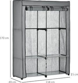HOMCOM Szafa na Ubrania z Tkaniny 4 Półki Drążki Jasnoszara 118x49x170cm | Aosom PL