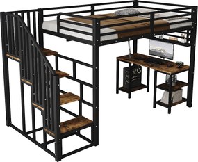 Łóżko na antresoli 120x200 cm - z biurkiem i półką przechowawczą - schody z poręczami - Metal + płyty wiórowe - Czarny