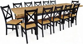 Stół duży i 12 krzeseł Czarny + Dąb Craft 100x200 rozkładany do 300 cm + nogi drewniane