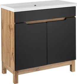 Zestaw Łazienkowy Stojący Szafka z Umywalką 80cm Dąb Wotan / Czarny Alma 2D