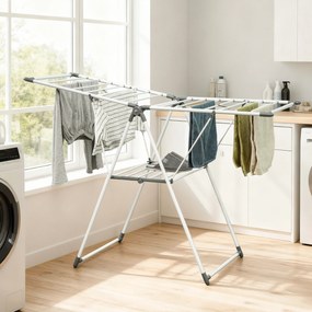 HOMCOM Suszarka stojąca 1,565 m długości suszenia, składana suszarka z 2 poziomami, regulowane skrzydła, suszarka skrzydłowa, Biała
