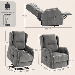 HOMCOM Fotel telewizyjny relaksacyjny z funkcją wstawania dla seniorów, wygląd chenille, z pilotem i kieszeniami bocznymi, ciemnoszary | Aosom PL