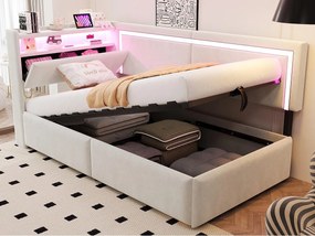 Rozkładana sofa 90x200cm - z oświetleniem LED - z portami USB - tkanina welurowa - beżowy​ (materac nie jest wliczony w cenę)