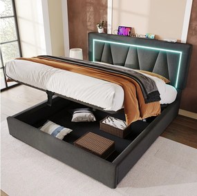 Łóżko 160x200 cm z pojemnikiem - łóżko dla dorosłych z oświetleniem LED i ładowaniem USB - szary len - bez Materac