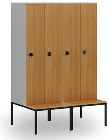 Drewniana szafa ubraniowa S4 z ławką, 2-drzwiowa, 1871 x 600 x 500/800 mm, demontaż, zamek kodowy, szary/pomarańczowy