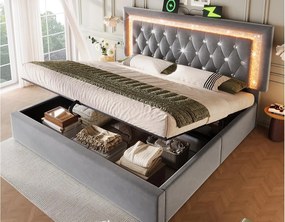 Łóżko tapicerowane ze schowkiem 140x200cm z weluru - z oświetleniem LED - z portami USB i Type-C - z stelażem lamelowym - Szary​ (bez materaca)