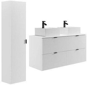 Zawieszany mebel łazienkowy prążkowany z kwadratową umywalką nablatową i słupkiem - Biały matowy - 120 cm - ZEVINI