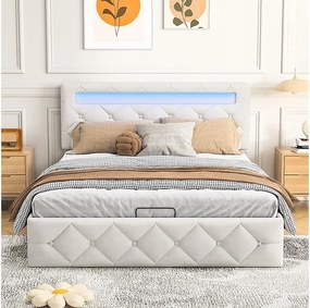 Łóżko podwójne 160x200 cm z aksamitu morelowego z hydraulicznym schowkiem, LED RGB i solidną metalową ramą