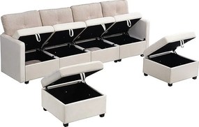 Narożnik modułowy 6-osobowy - 261 x 132,5 x 85 cm - z podnóżkiem ze schowkiem + poduszki - welur - beżowy