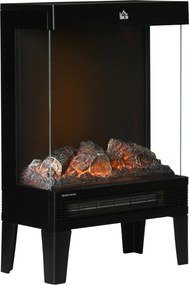 HOMCOM Elektryczny kominek, 2000 W, Wolnostojący kominek z ogrzewaniem Effekt płomieni LED 3D, 4 poziomy jasności, Elektryczny kominek z termostatem, Ochrona przed przegrzaniem, Czarny