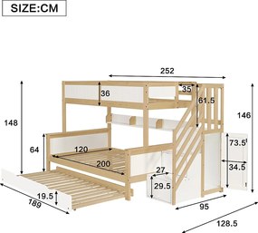 Łóżka piętrowe 120 x 200 cm + 90 x 200 cm z łóżkiem wysuwanym 90 x 190 cm - Szafa + 2 szuflady - Drewno lite + MDF - Biały + naturalny