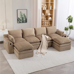 Modułowy zestaw wypoczynkowy 4-osobowy w sztruksie - 335 x 167 x 85 cm - z 2 pufami + poduszkami + 2 kieszeniami - khaki