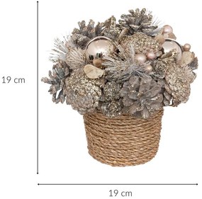 Kompozycja z szyszek i bombek w plecionej doniczce, 19 cm
