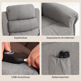 HOMCOM Fotel z funkcją Power-Lift, masażem wibracyjnym i ogrzewaniem, fotel z funkcją podnoszenia, port USB, kieszenie boczne i pilot, jasnoszary | Aosom PL