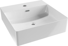 Umywalka nablatowa / wisząca kwadratowa biała z otworem i z półką na mydło 42 x 42 cm SANYA z cienkim rantem typu Slim