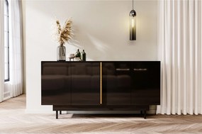 Błyszczący czarny bufet Dancan ARTEMISA z dodatkami w kolorze złota - Nowoczesny i elegancki design z systemem Push to Open