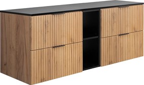 Szafka łazienkowa ryflowana FLOW 140 cm dąb z czarnym regałem i blatem