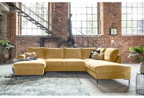 Musztardowożółta aksamitna rozkładana sofa w kształcie litery "U" Miuform Lofty Lilly, prawostronna