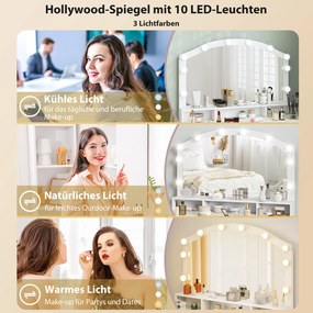 HOMCOM Toaletka z 10 lampami LED w stylu Hollywood, lustro, 7 szuflad, 3 przegrody, MDF, biała