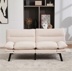 Sofa 2-osobowa z regulowanym oparciem i podłokietnikami, metalowe nogi - beżowy szenil