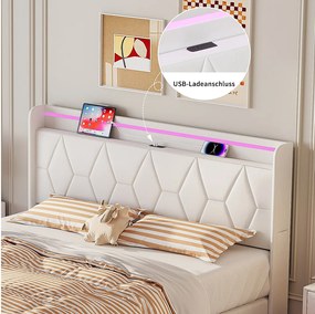 Nowoczesne łóżko dwuosobowe 160×200 cm z zagłówkiem obitym białym aksamitem, oświetleniem LED, portem USB i schowkiem z siłownikami hydraulicznymi