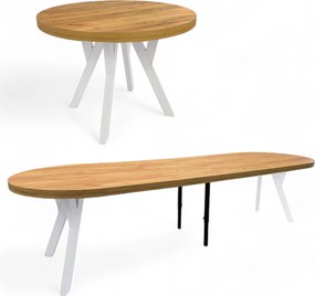 Stół solidny okrągły Biały + DĄB CRAFT Ø100 rozkładany do 300 cm + nogi metalowe Y