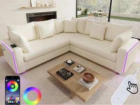 Kanapa narożna w kształcie litery L - 4 osoby - z oświetleniem LED - port ładowania USB - welur prążkowany - beżowy