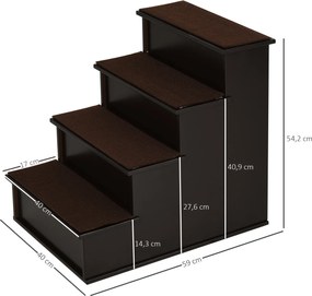 PawHut Schody dla Zwierząt Domowych, dla Psów/Kotów, 4-stopniowe, Krótkowłosy Plusz, do 30 kg, 40 x 59 x 54,2 cm, Ciemnobrązowy
