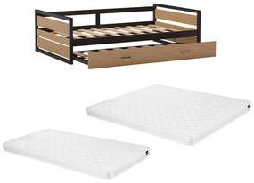 Łóżko wysuwane 120 x 200 i 90 x 200 cm - MDF, drewno sosnowe i metal - Naturalny i antracytowy + Materac - BOSTON