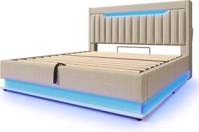 Tapicerowane łóżko z pojemnikiem 140x200 cm - z LED - z portami USB i Type-C - Tkanina lniana - Wezgłowie z przestrzenią do przechowywania - Beżowy