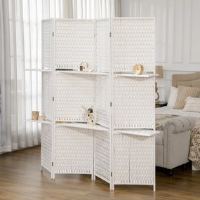 HOMCOM Parawan 4-częściowy 181 x 180 cm, Składany, z 2 półkami wykonany z drewna sosnowego i bambusa, do sypialni, biały | Aosom PL